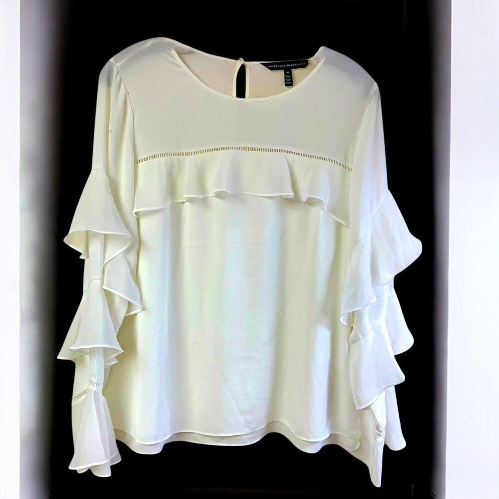 WHBM Emmy Ecru Tiered Ruffle‎ Long Sleeve Blouse